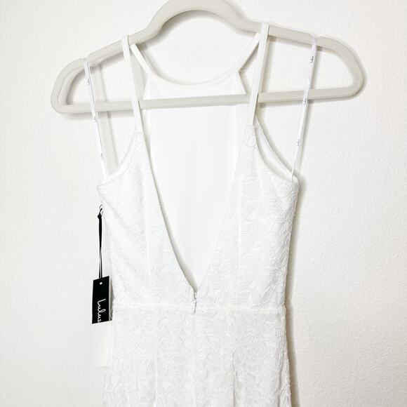 LULUS NWT White Full Lace Lined Halter Open V-Neck Back Wedding Maxi Dress XS - Picture 9 of 12